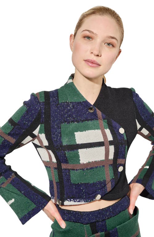 Ming Wang Cozy Asymmetric Faux Button Front Knit Crop Top In Forest Multi