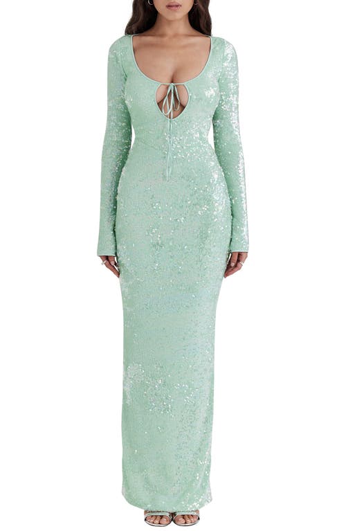 Shop House Of Cb Titania Sequin Long Sleeve Gown In Mist Green