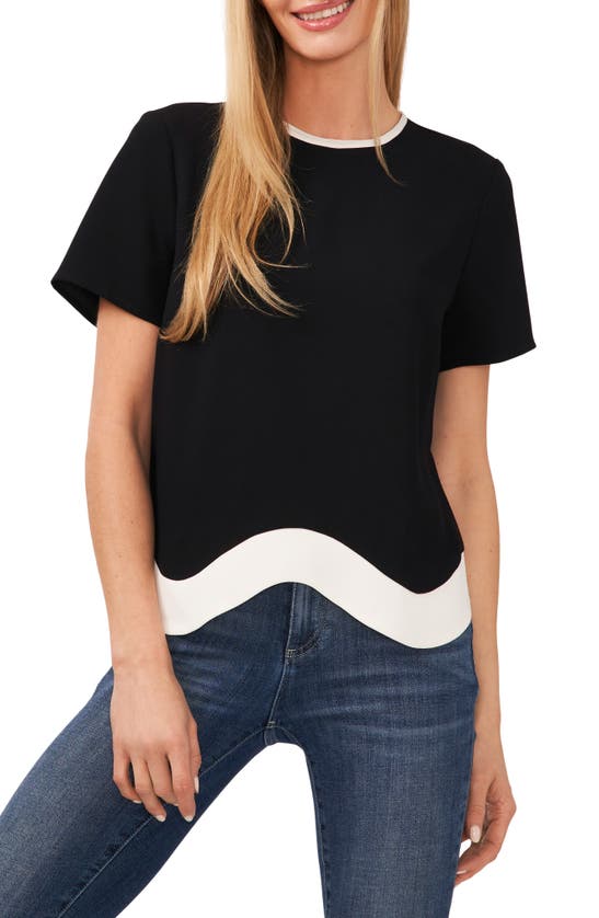 Cece Contrast Trim Short Sleeve Blouse In Rich Black