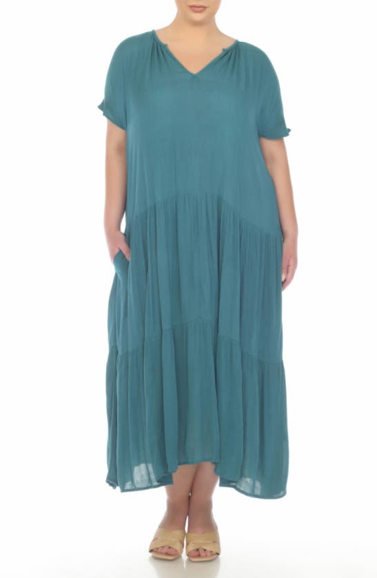 Shop Boho Me Short Sleeve Tiered Maxi Dress In Teal Hydro