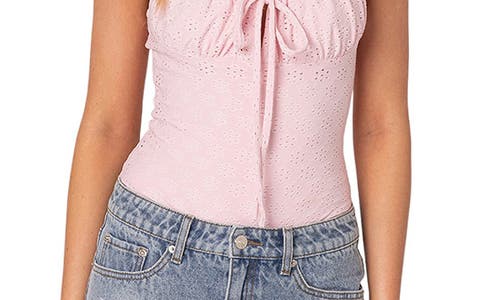 Shop Edikted Carol Eyelet Sleeveless Bodysuit In Pink