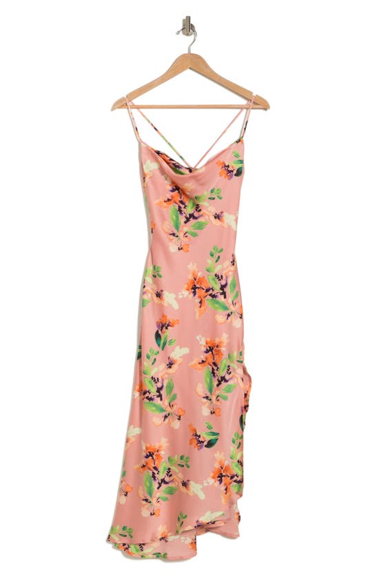 Astr Gaia Strappy Bias Cut Satin Midi Dress In Blush Orange Floral