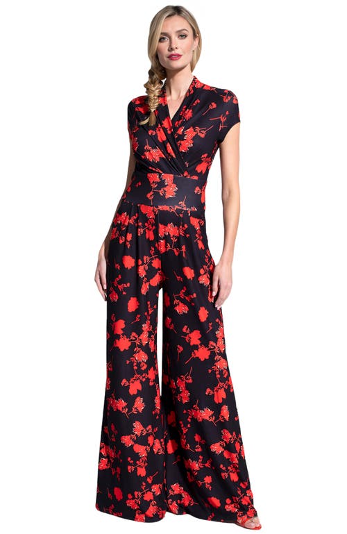 Hotsquash London Clothing Faux-wrap Wide Leg Jumpsuit In Red Flowers On Black