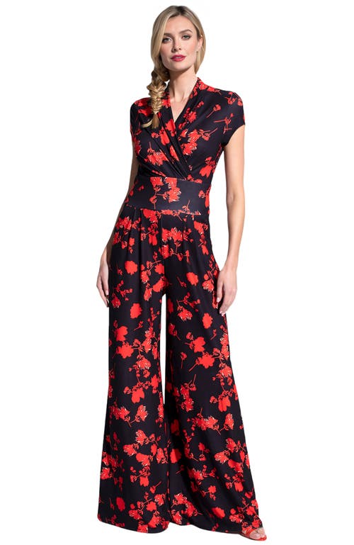 Shop Hotsquash London Clothing Faux-wrap Wide Leg Jumpsuit In Red Flowers On Black