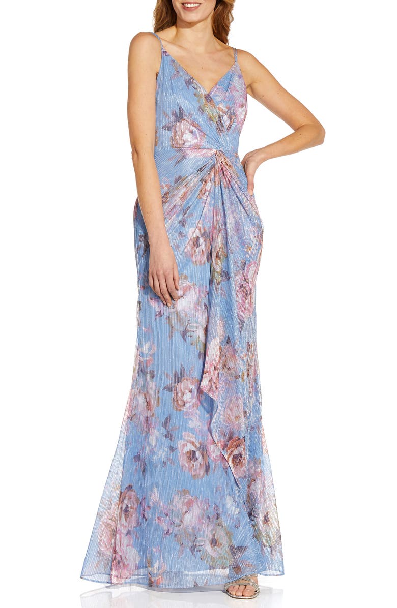 Adrianna Papell Metallic Floral Crinkle Mermaid Gown, Main, color, 