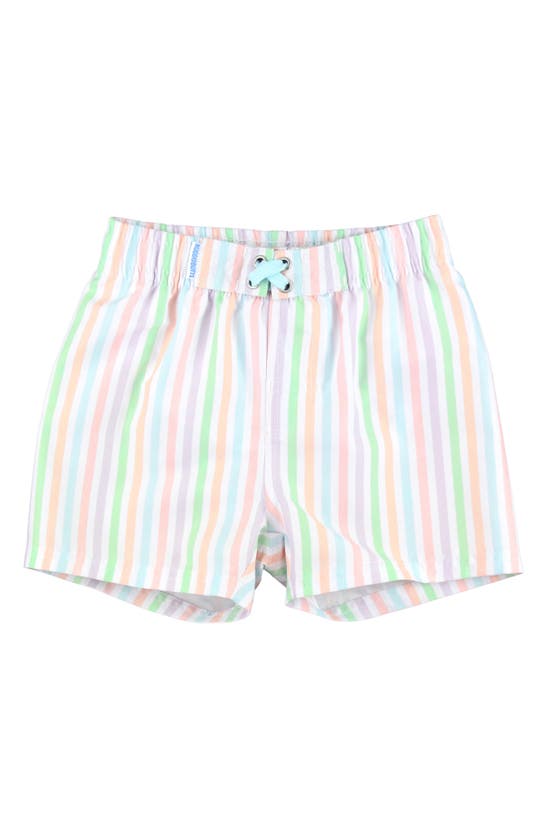 Shop Ruggedbutts Kids' Stripe Swim Trunks In Pale Rainbow Stripe