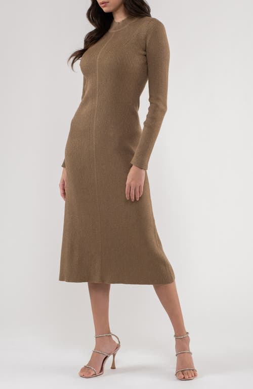 Shop August Sky Shimmery Ribbed Long Sleeve Midi Sweater Dress In Mocha