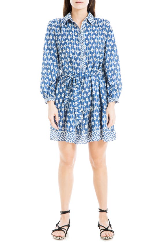 Max Studio Long Sleeve Button Front Crepe Dress In Cobalt/ Cream