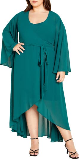 Green shops chiffon wrap dress