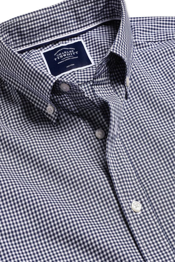 Shop Charles Tyrwhitt Slim Fit Button-down Collar Non-iron Stretch Mini Gingham Short Sleeve Shirt In French Blue