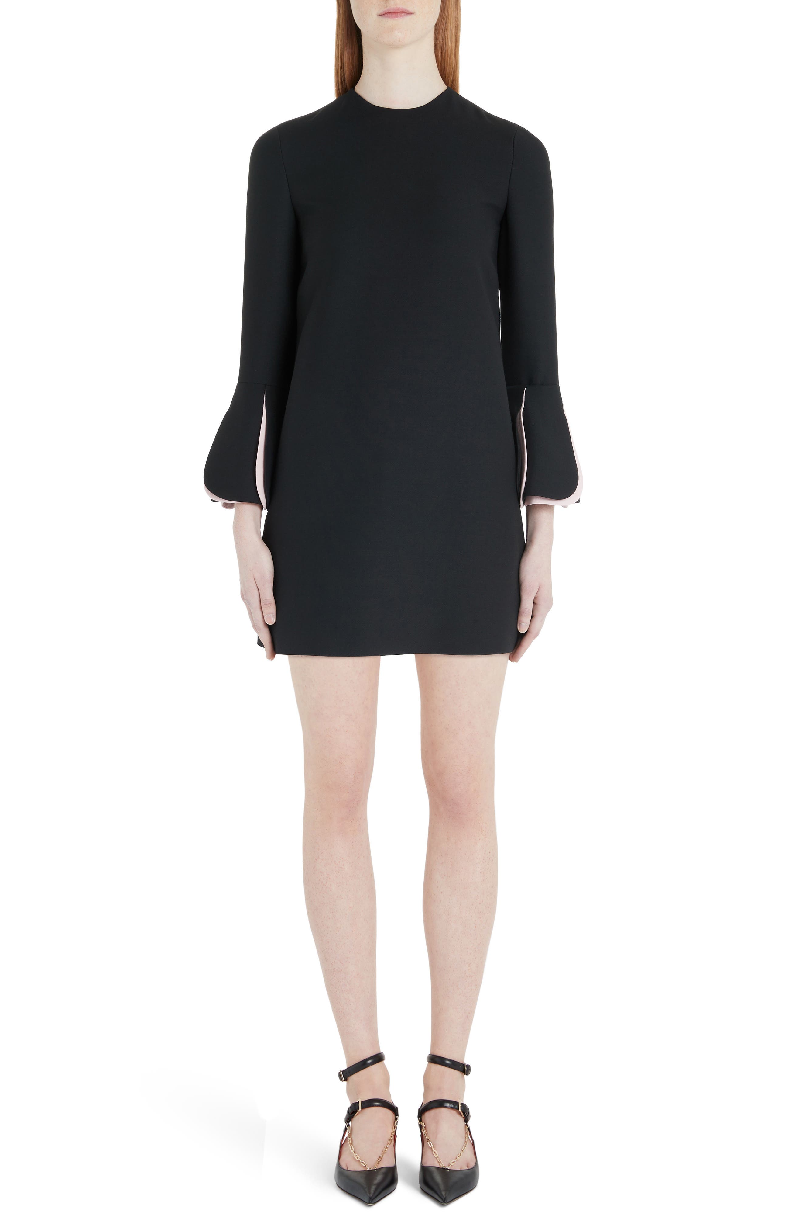 Valentino Pleat Cuff Wool & Silk Shift Minidress, 8 IT - Black