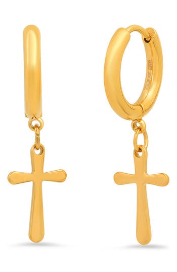 Hmy Jewelry 18k Yellow Gold Plated Cross Hoop Earrings In Metallic