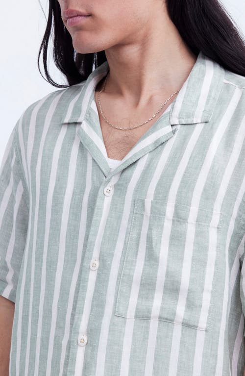 Madewell Short Sleeve Linen Stripe Woven Aloe Green Stripe In Dried Aloe