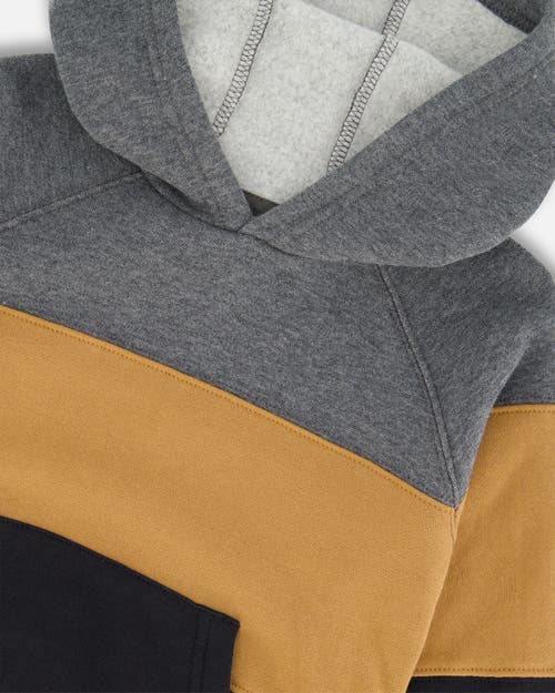 Shop Deux Par Deux Boy's Colorblock Hooded Fleece Sweatshirt Dark Gray, Caramel And Black In Anthracite