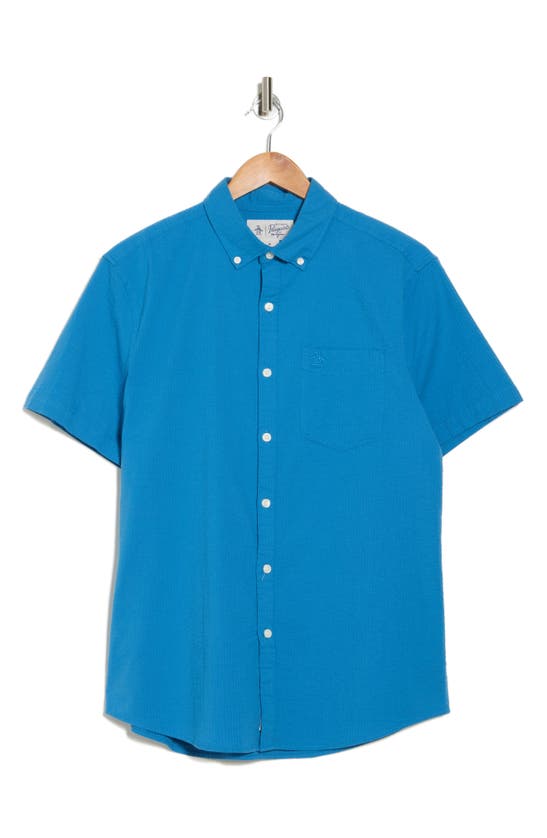 Shop Original Penguin Seersucker Stretch Short Sleeve Stretch Cotton Button-up Shirt In Vallarta Blue