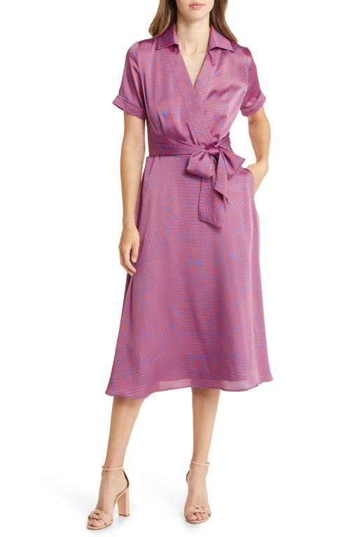 Tahari Asl Hammered Satin Faux Wrap Midi Shirtdress In Purple