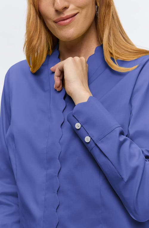 Foxcroft Bridget Scalloped Matte Sateen Button-up Shirt In Lapis