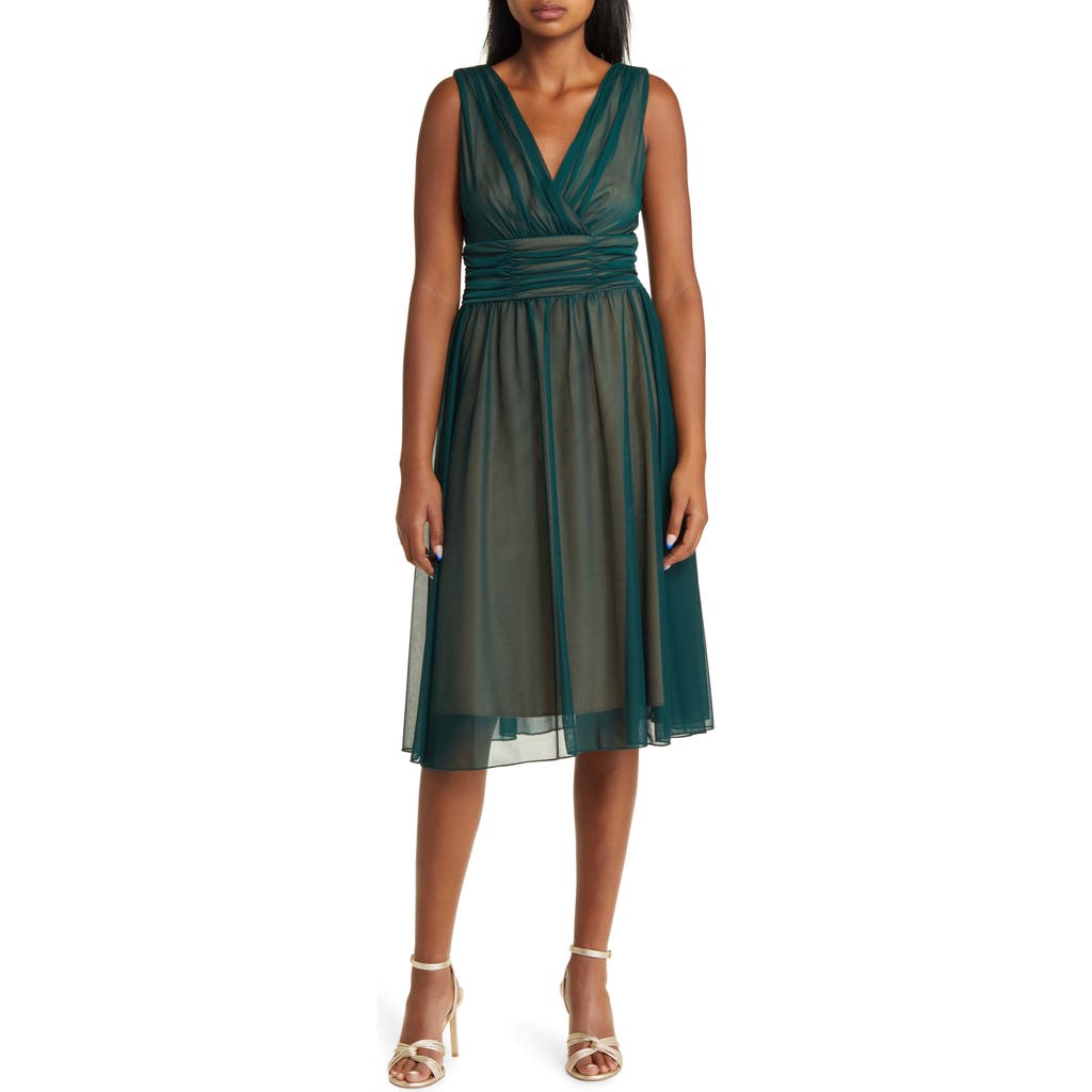 Connected Apparel Chiffon Overlay Fit & Flare Dress In Hunter/gold