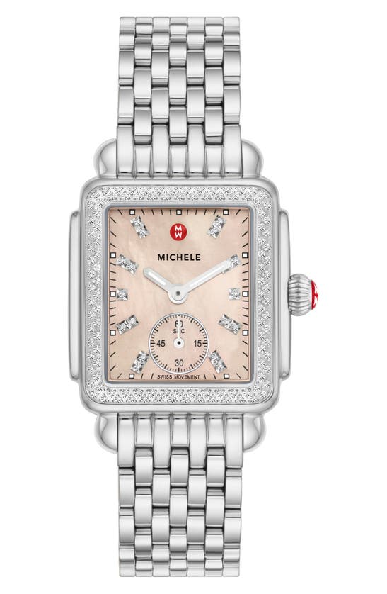 Shop Michele Deco Mid Diamond Bracelet Watch, 31mm In Silver