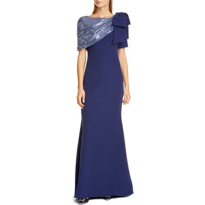 Badgley Mischka Collection Blouson Long Sleeve Sequin Stripe Cocktail Dress, Blue