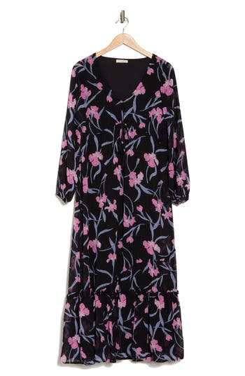Lovestitch Floral Clip Dot Long Sleeve Maxi Dress In Black