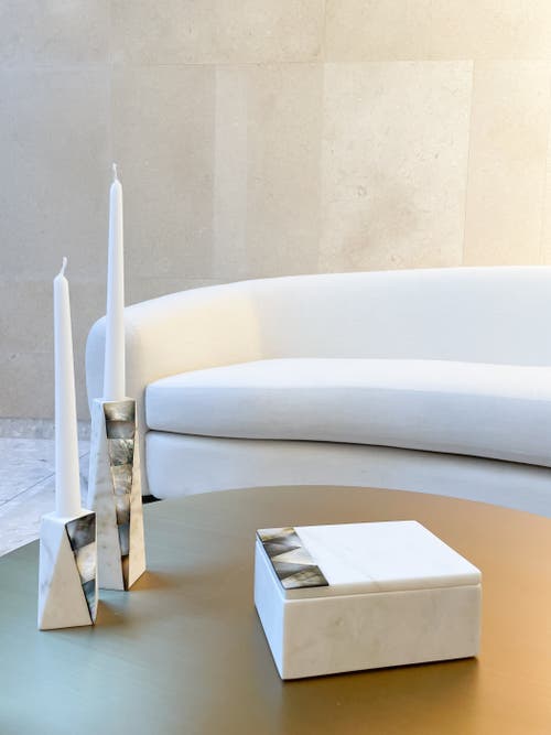 Anaya Marble Grey Pearl Candle Holders In White