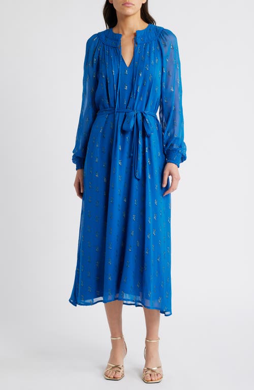 Ciebon Elena Metallic Fil Coupé Long Sleeve Midi Dress In Blue