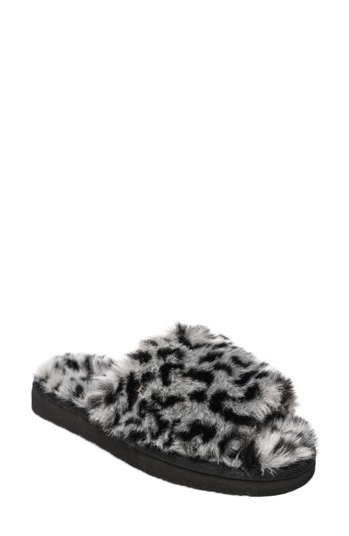 Minnetonka Faux Fur Slide Slipper in Grey Leopard Print