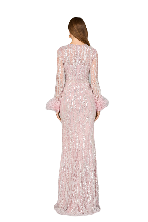 Lara New York Long Sleeve Sheath Gown With Feathers In Purplemist