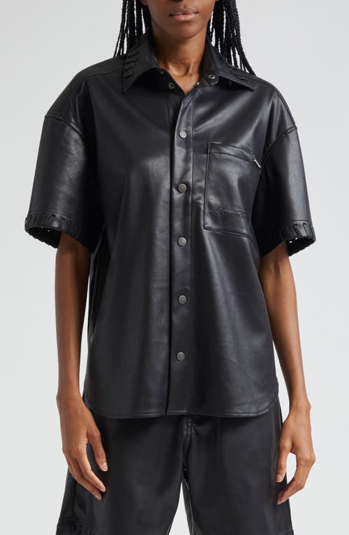 Boxy Faux Leather Snap-Up Shirt in Black