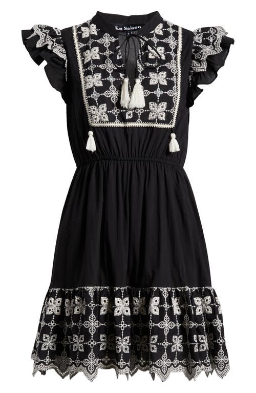 Shop En Saison Lorette Embroidered Tie Neck Minidress In Black Natural