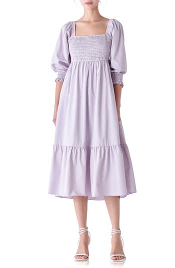 Shop English Factory Gingham Smocked Puff Sleeve Midi Dress In Lilac/blush