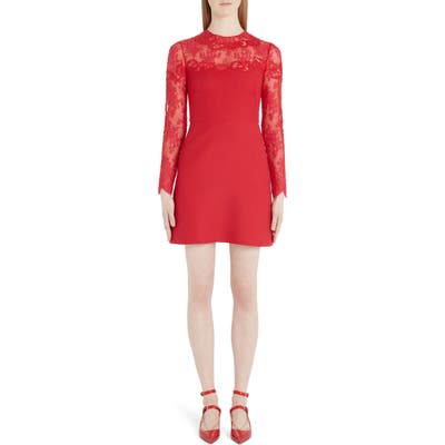Valentino Lace Trim Long Sleeve Wool & Silk Minidress, US / 46 IT - Red