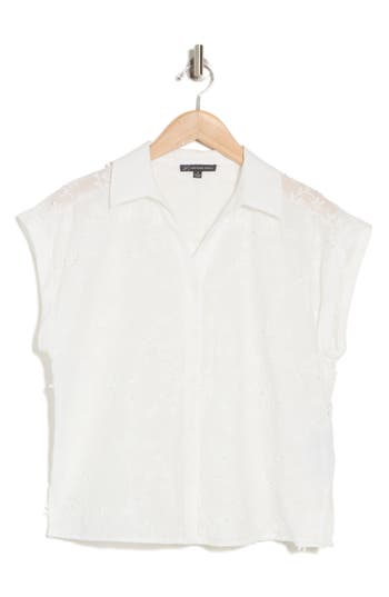 Shop Adrianna Papell Embroidered Cotton Camp Shirt In White
