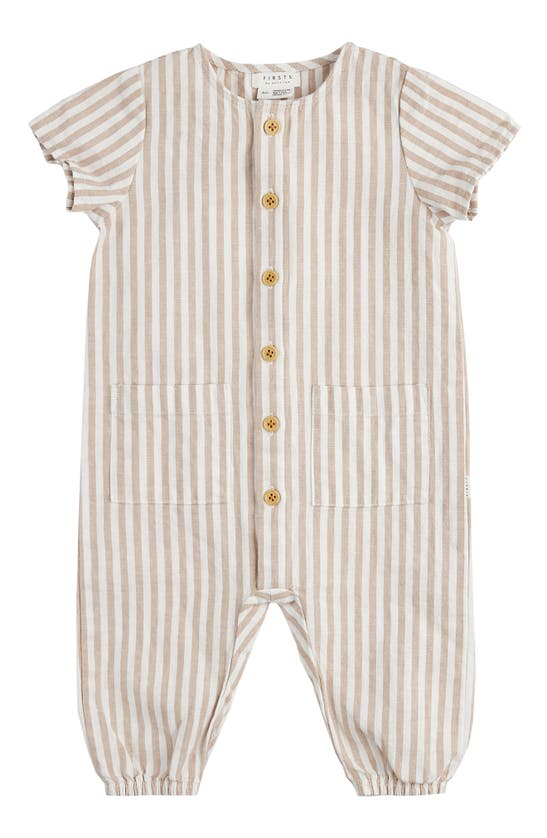 Shop Firsts By Petit Lem Stripe Linen & Cotton Button-up Romper In Sand