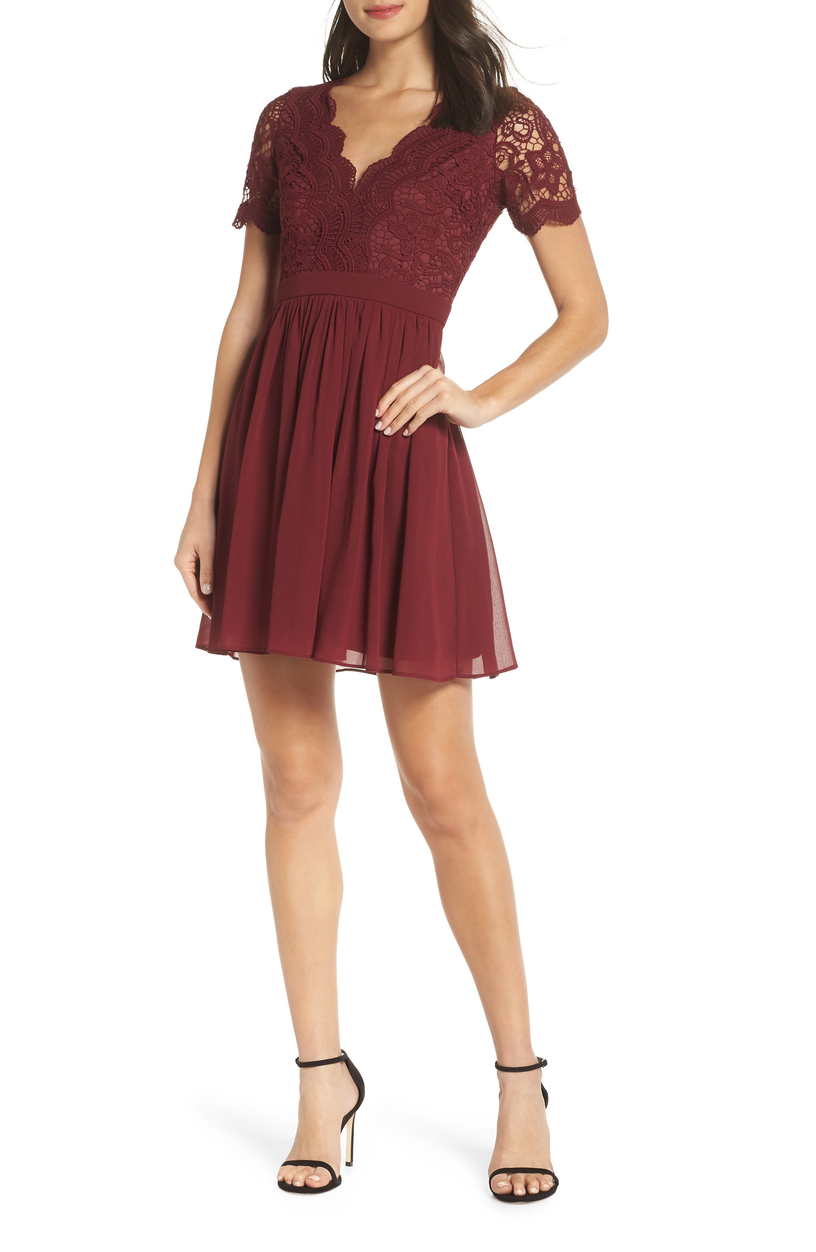 Lulus Angel In Disguise Lace & Chiffon Party Dress, Burgundy