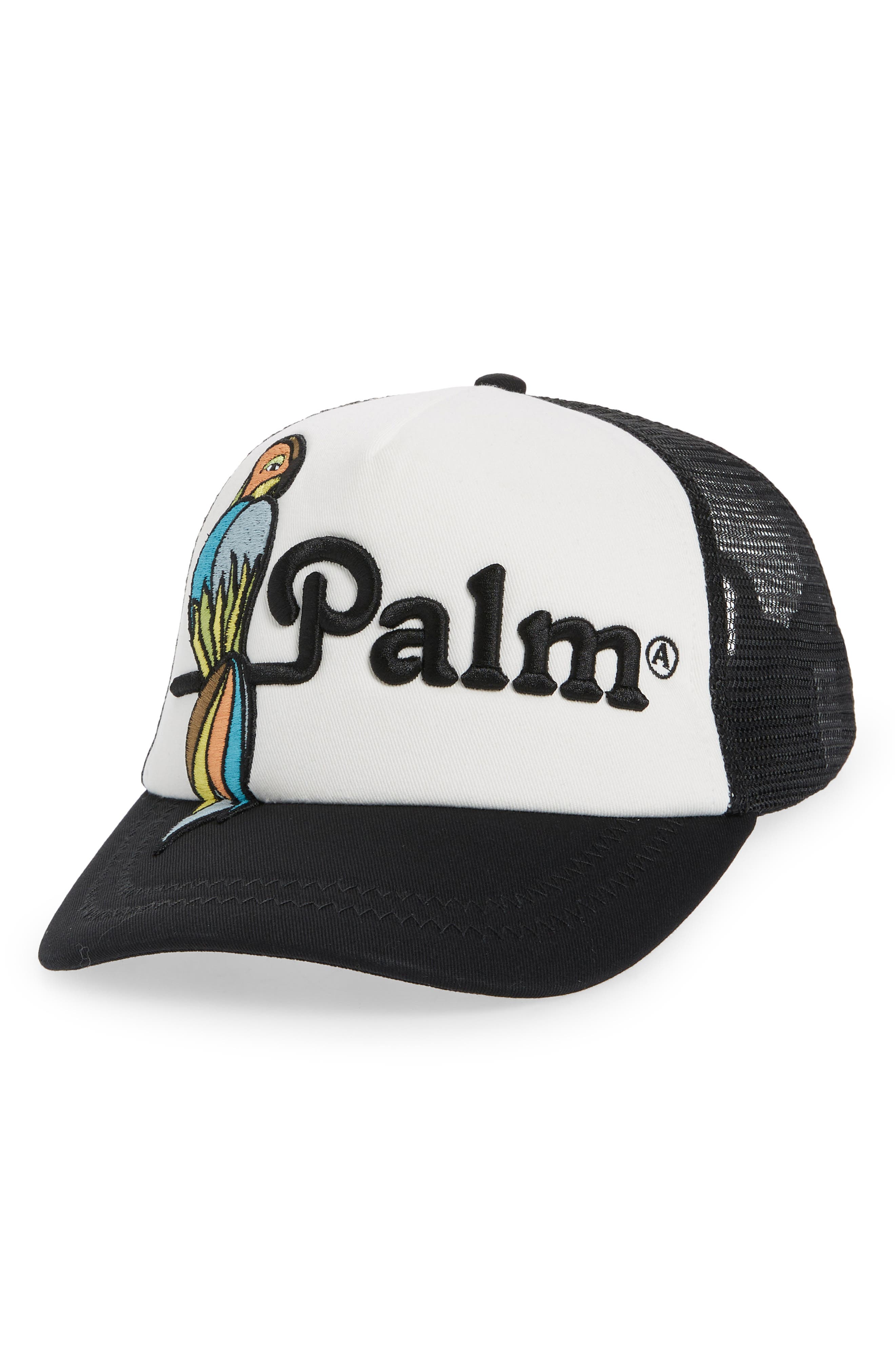 Palm Angels Men's Embroidered Parrot Trucker Hat in Black/Black