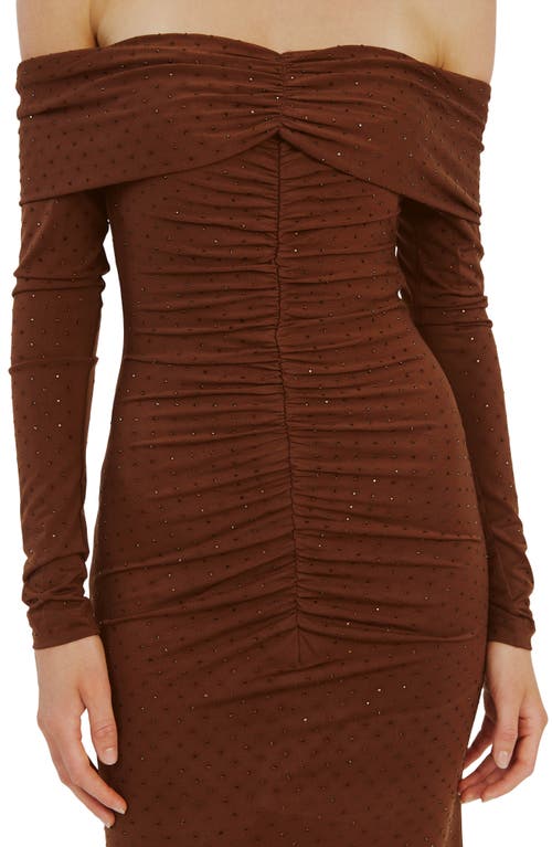 Shop Bardot Artura Diamante Off The Shoulder Long Sleeve Maxi Dress In Chocolate