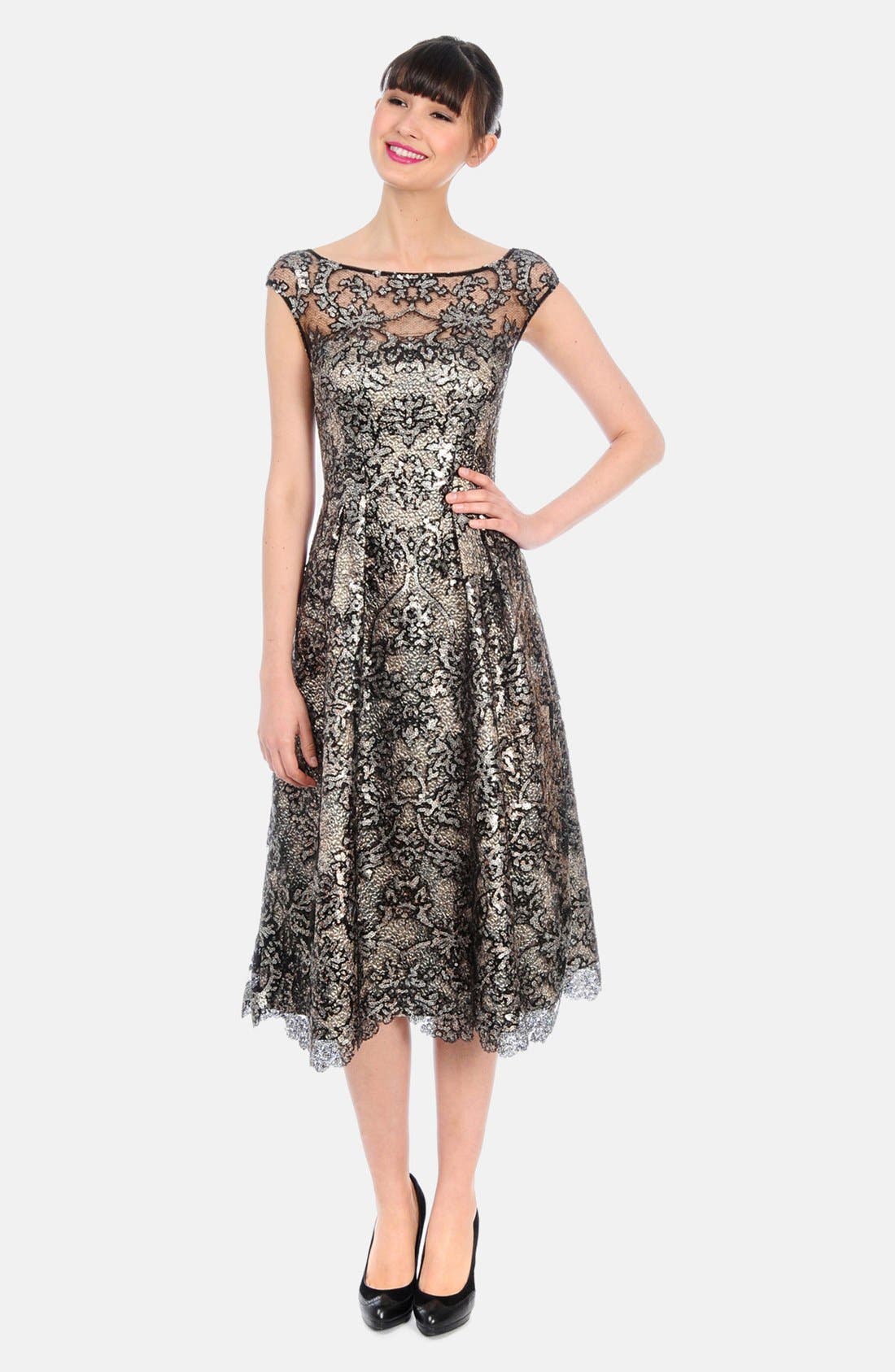Kay Unger Metallic Jacquard & Lace Midi Dress Nordstrom