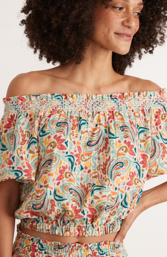 Shop Marine Layer Nora Smocked Off The Shoulder Cotton Top In Multi Paisley