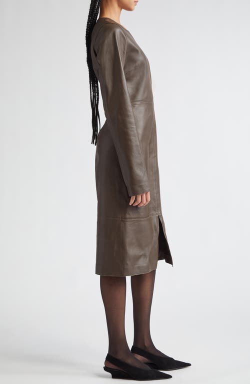 Shop Totême Toteme Long Sleeve Paneled Leather Midi Dress In Bark