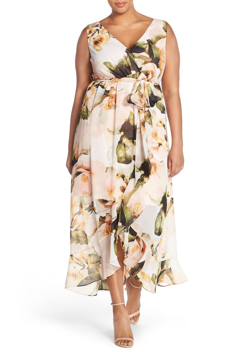 Sangria Floral Faux Wrap Maxi Dress (Plus Size) | Nordstrom