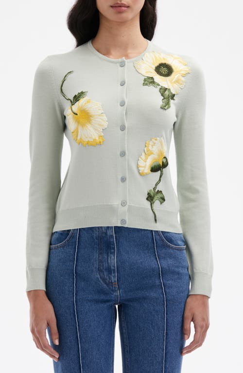 Shop Oscar De La Renta Embroidered Poppy Wool Cardigan In Sage/yellow