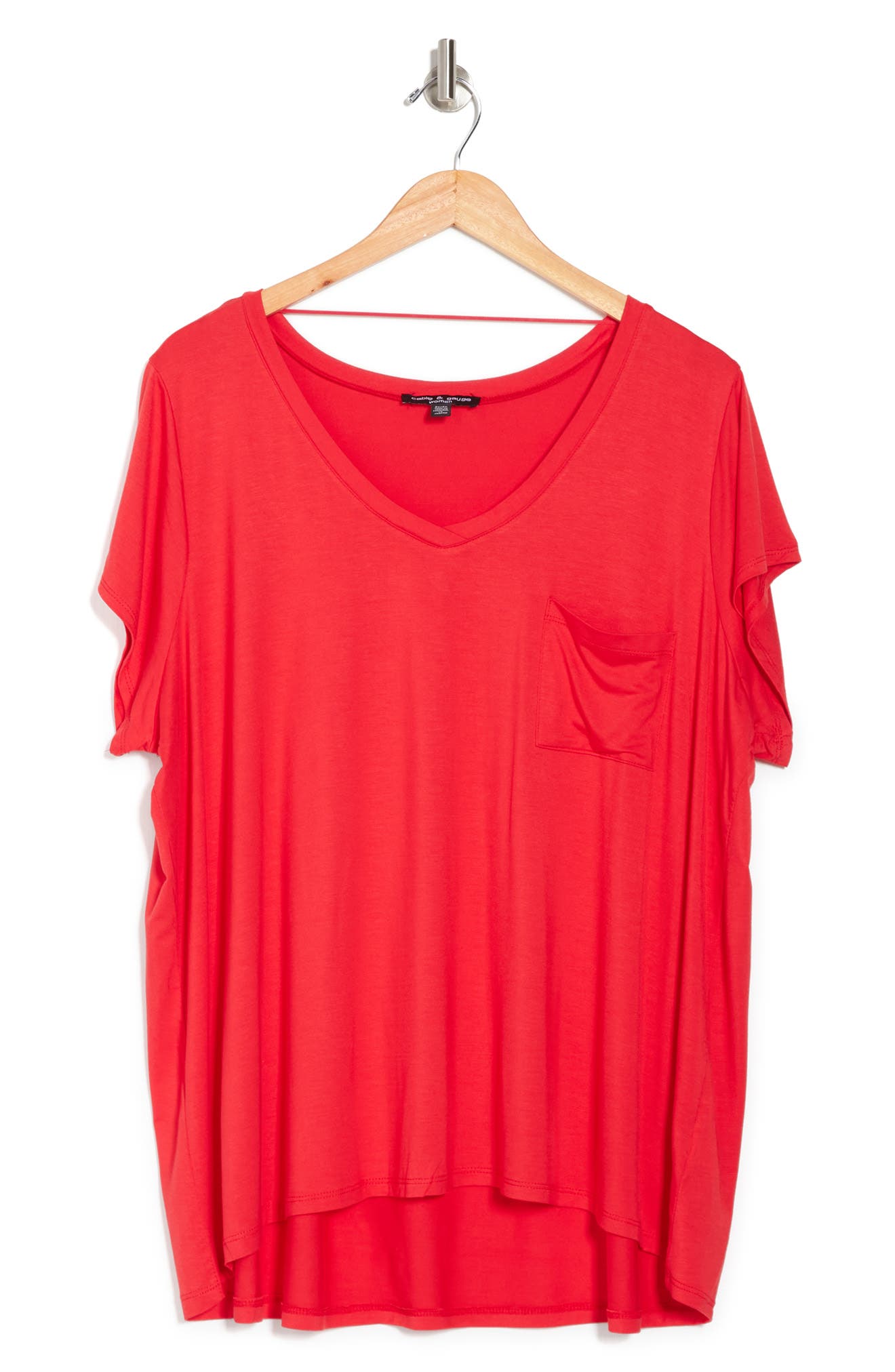 Cable & Gauge V-neck Short Sleeve Pocket High/low T-shirt In Red Punch