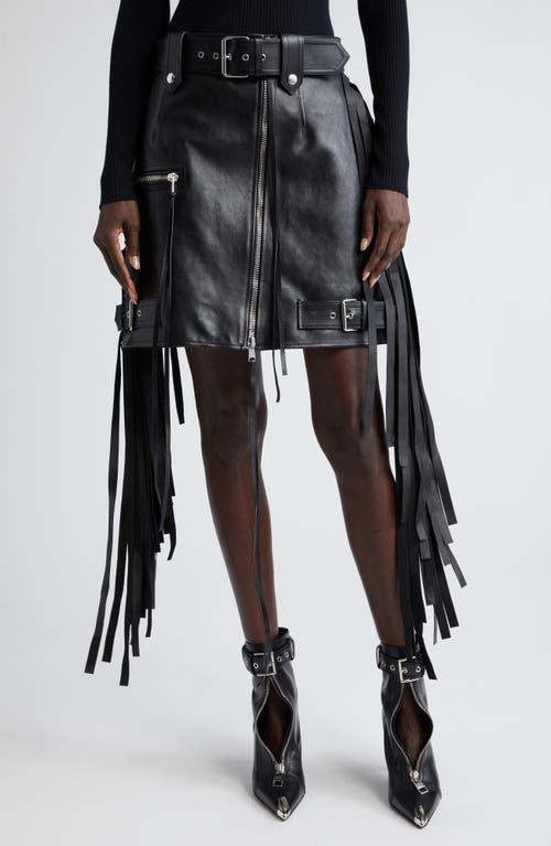 Fringe Trim Biker Belted Leather Miniskirt in Black
