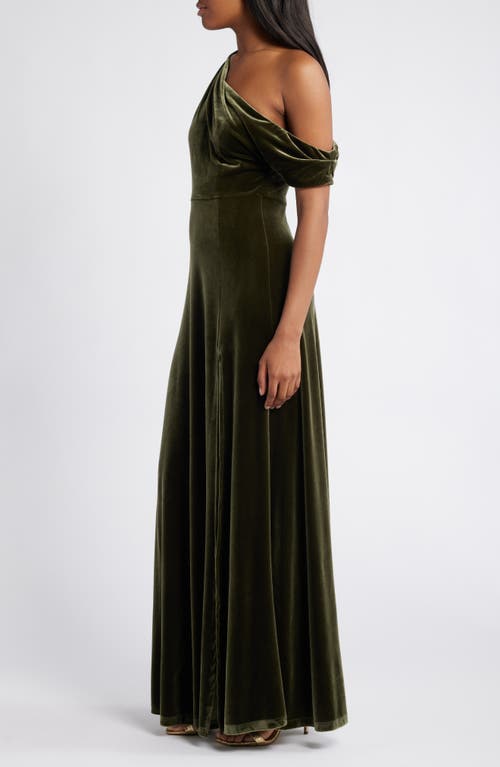 Shop Lulus Coveted Confidence One-shoulder Velvet Gown In Olive