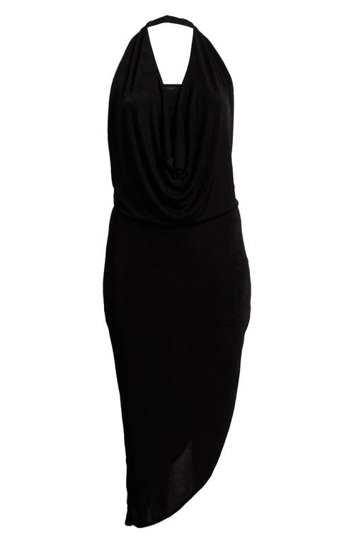 24seven Comfort Apparel Plus Size Cowl Neck Long Asymmetrical Backless Halter Dress In Black
