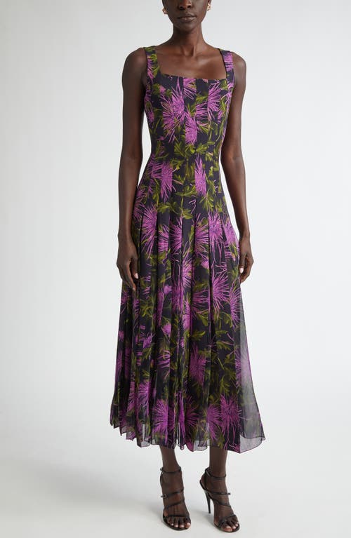 Shop Oscar De La Renta Chrysanthemum Print Paneled Midi Dress In Purple/navy