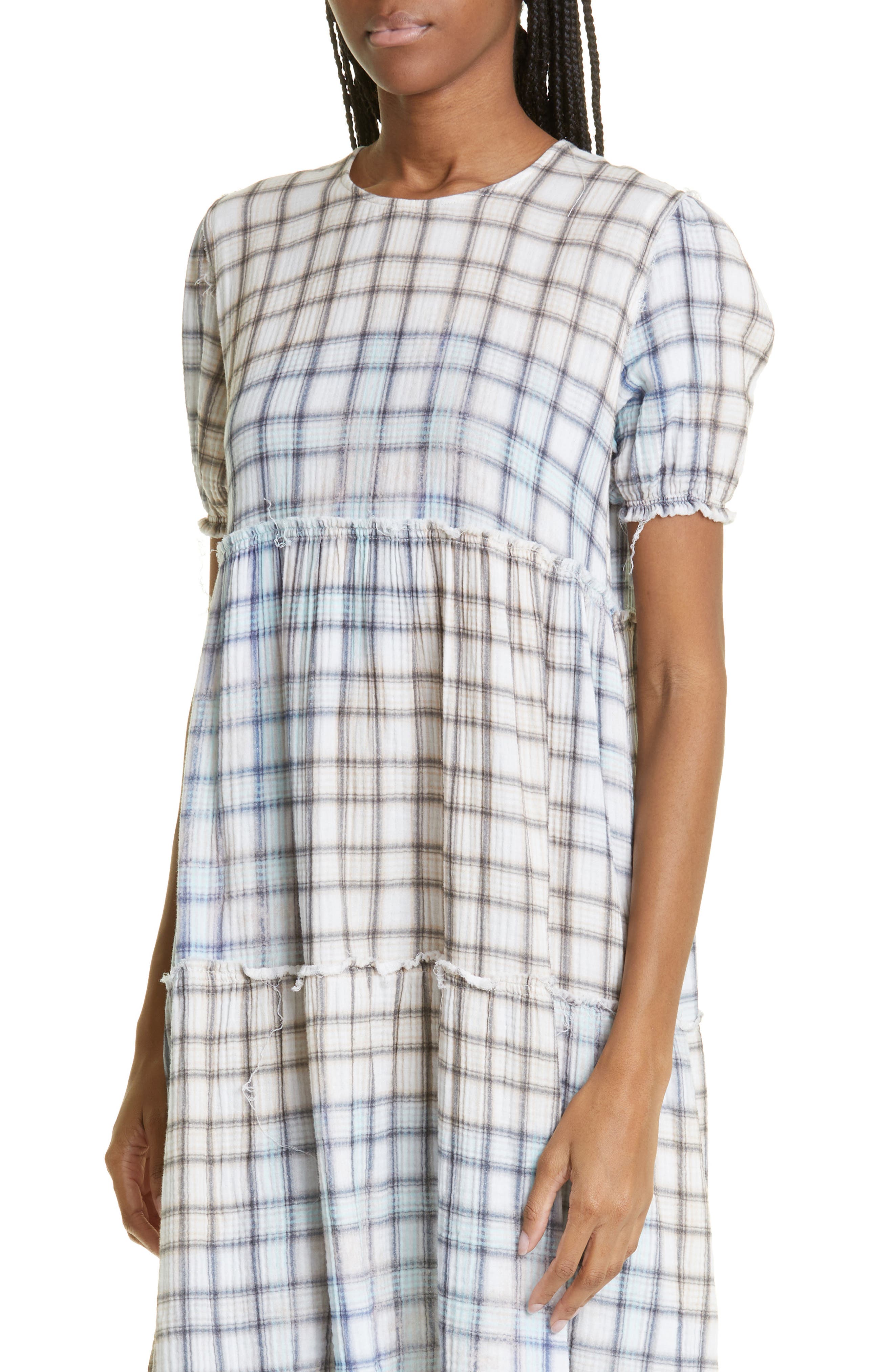 R13 Shredded Relaxed Plaid Tiered Midi Dress in Bleached Light Blue Plaid |  Smart Closet