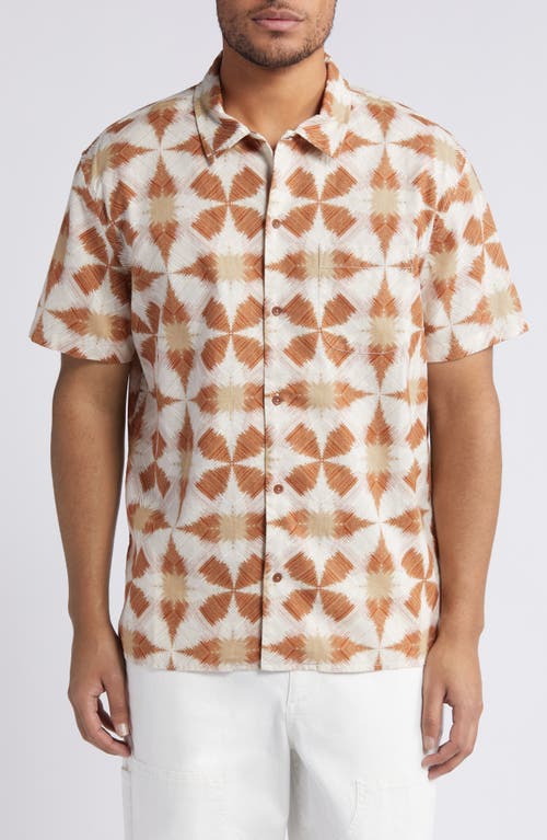 Trim Fit Geo Print Short Sleeve Linen & Cotton Button-Up Shirt in Ivory- Tan Ikat Patchwork